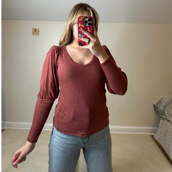 Nation: Rust Red Long Sleeve V Neck Tee Padded Shoulders - Picture 1 of 5